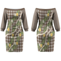 Aloha Puakenikeni Anthurium Pikake Lei Family Matching Off The Shoulder Long Sleeve Dress and Hawaiian Shirt Chocolate Hawaiian Palaka Pattern LT9 Mom's Dress Chocolate - Polynesian Pride
