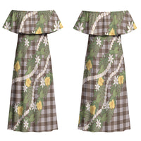 Aloha Puakenikeni Anthurium Pikake Lei Family Matching Off Shoulder Maxi Dress and Hawaiian Shirt Chocolate Hawaiian Palaka Pattern LT9 Mom's Dress Chocolate - Polynesian Pride