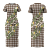 Aloha Puakenikeni Anthurium Pikake Lei Family Matching Short Sleeve Bodycon Dress and Hawaiian Shirt Chocolate Hawaiian Palaka Pattern LT9 Mom's Dress Chocolate - Polynesian Pride