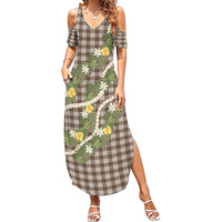 Aloha Puakenikeni Anthurium Pikake Lei Family Matching Summer Maxi Dress and Hawaiian Shirt Chocolate Hawaiian Palaka Pattern
