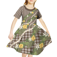 Aloha Puakenikeni Anthurium Pikake Lei Kid Short Sleeve Dress Chocolate Hawaiian Palaka Pattern LT9 - Polynesian Pride