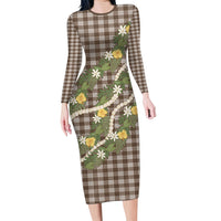 Aloha Puakenikeni Anthurium Pikake Lei Long Sleeve Bodycon Dress Chocolate Hawaiian Palaka Pattern LT9 Long Dress Chocolate - Polynesian Pride