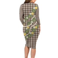 Aloha Puakenikeni Anthurium Pikake Lei Long Sleeve Bodycon Dress Chocolate Hawaiian Palaka Pattern LT9 - Polynesian Pride