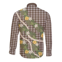 Aloha Puakenikeni Anthurium Pikake Lei Long Sleeve Button Shirt Chocolate Hawaiian Palaka Pattern LT9 - Polynesian Pride