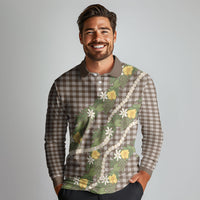 Aloha Puakenikeni Anthurium Pikake Lei Long Sleeve Polo Shirt Chocolate Hawaiian Palaka Pattern LT9 - Polynesian Pride