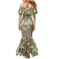 Aloha Puakenikeni Anthurium Pikake Lei Mermaid Dress Chocolate Hawaiian Palaka Pattern