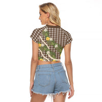 Aloha Puakenikeni Anthurium Pikake Lei Raglan Cropped T Shirt Chocolate Hawaiian Palaka Pattern LT9 - Polynesian Pride