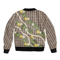 Aloha Puakenikeni Anthurium Pikake Lei Sleeve Zip Bomber Jacket Chocolate Hawaiian Palaka Pattern LT9 - Polynesian Pride