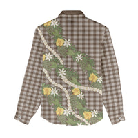Aloha Puakenikeni Anthurium Pikake Lei Women Casual Shirt Chocolate Hawaiian Palaka Pattern