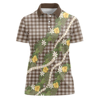 Aloha Puakenikeni Anthurium Pikake Lei Women Polo Shirt Chocolate Hawaiian Palaka Pattern