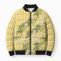 Aloha Puakenikeni Anthurium Pikake Lei Bomber Puffer Jacket Gold Hawaiian Palaka Pattern
