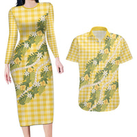 Aloha Puakenikeni Anthurium Pikake Lei Couples Matching Long Sleeve Bodycon Dress and Hawaiian Shirt Gold Hawaiian Palaka Pattern
