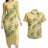 Aloha Puakenikeni Anthurium Pikake Lei Couples Matching Long Sleeve Bodycon Dress and Hawaiian Shirt Gold Hawaiian Palaka Pattern LT9 Gold - Polynesian Pride