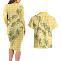 Aloha Puakenikeni Anthurium Pikake Lei Couples Matching Long Sleeve Bodycon Dress and Hawaiian Shirt Gold Hawaiian Palaka Pattern