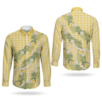 Aloha Puakenikeni Anthurium Pikake Lei Couples Matching Off Shoulder Maxi Dress and Long Sleeve Button Shirt Gold Hawaiian Palaka Pattern LT9 - Polynesian Pride