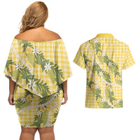 Aloha Puakenikeni Anthurium Pikake Lei Couples Matching Off Shoulder Short Dress and Hawaiian Shirt Gold Hawaiian Palaka Pattern