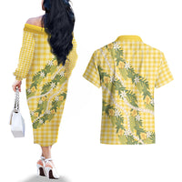 Aloha Puakenikeni Anthurium Pikake Lei Couples Matching Off The Shoulder Long Sleeve Dress and Hawaiian Shirt Gold Hawaiian Palaka Pattern
