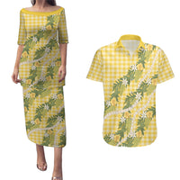 Aloha Puakenikeni Anthurium Pikake Lei Couples Matching Puletasi and Hawaiian Shirt Gold Hawaiian Palaka Pattern