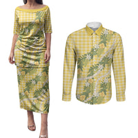 Aloha Puakenikeni Anthurium Pikake Lei Couples Matching Puletasi and Long Sleeve Button Shirt Gold Hawaiian Palaka Pattern LT9 Gold - Polynesian Pride