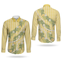 Aloha Puakenikeni Anthurium Pikake Lei Couples Matching Puletasi and Long Sleeve Button Shirt Gold Hawaiian Palaka Pattern LT9 - Polynesian Pride
