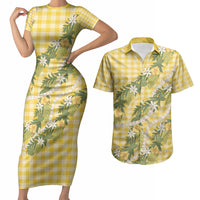 Aloha Puakenikeni Anthurium Pikake Lei Couples Matching Short Sleeve Bodycon Dress and Hawaiian Shirt Gold Hawaiian Palaka Pattern LT9 Gold - Polynesian Pride