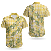 Aloha Puakenikeni Anthurium Pikake Lei Couples Matching Short Sleeve Bodycon Dress and Hawaiian Shirt Gold Hawaiian Palaka Pattern LT9 - Polynesian Pride