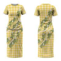 Aloha Puakenikeni Anthurium Pikake Lei Couples Matching Short Sleeve Bodycon Dress and Hawaiian Shirt Gold Hawaiian Palaka Pattern LT9 - Polynesian Pride