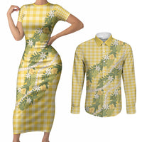 Aloha Puakenikeni Anthurium Pikake Lei Couples Matching Short Sleeve Bodycon Dress and Long Sleeve Button Shirt Gold Hawaiian Palaka Pattern LT9 Gold - Polynesian Pride