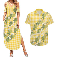 Aloha Puakenikeni Anthurium Pikake Lei Couples Matching Summer Maxi Dress and Hawaiian Shirt Gold Hawaiian Palaka Pattern