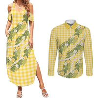 Aloha Puakenikeni Anthurium Pikake Lei Couples Matching Summer Maxi Dress and Long Sleeve Button Shirt Gold Hawaiian Palaka Pattern