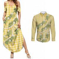 Aloha Puakenikeni Anthurium Pikake Lei Couples Matching Summer Maxi Dress and Long Sleeve Button Shirt Gold Hawaiian Palaka Pattern LT9 Gold - Polynesian Pride