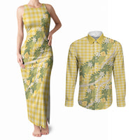 Aloha Puakenikeni Anthurium Pikake Lei Couples Matching Tank Maxi Dress and Long Sleeve Button Shirt Gold Hawaiian Palaka Pattern LT9 Gold - Polynesian Pride