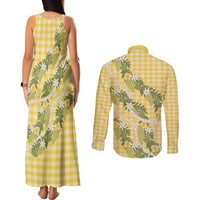 Aloha Puakenikeni Anthurium Pikake Lei Couples Matching Tank Maxi Dress and Long Sleeve Button Shirt Gold Hawaiian Palaka Pattern