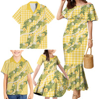 Aloha Puakenikeni Anthurium Pikake Lei Family Matching Mermaid Dress and Hawaiian Shirt Gold Hawaiian Palaka Pattern LT9 - Polynesian Pride