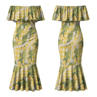 Aloha Puakenikeni Anthurium Pikake Lei Family Matching Mermaid Dress and Hawaiian Shirt Gold Hawaiian Palaka Pattern LT9 Mom's Dress Gold - Polynesian Pride