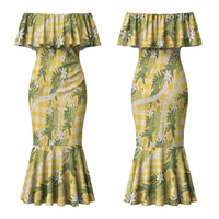 Aloha Puakenikeni Anthurium Pikake Lei Family Matching Mermaid Dress and Hawaiian Shirt Gold Hawaiian Palaka Pattern LT9 Mom's Dress Gold - Polynesian Pride