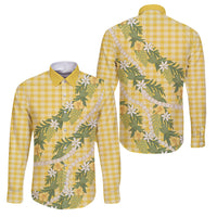 Aloha Puakenikeni Anthurium Pikake Lei Family Matching Mermaid Dress and Hawaiian Shirt Gold Hawaiian Palaka Pattern LT9 Dad's Shirt - Long Sleeve Gold - Polynesian Pride