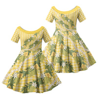 Aloha Puakenikeni Anthurium Pikake Lei Family Matching Mermaid Dress and Hawaiian Shirt Gold Hawaiian Palaka Pattern LT9 Daughter's Dress Gold - Polynesian Pride
