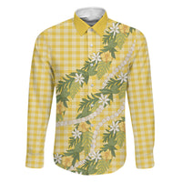 Aloha Puakenikeni Anthurium Pikake Lei Family Matching Mermaid Dress and Hawaiian Shirt Gold Hawaiian Palaka Pattern