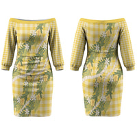 Aloha Puakenikeni Anthurium Pikake Lei Family Matching Off The Shoulder Long Sleeve Dress and Hawaiian Shirt Gold Hawaiian Palaka Pattern LT9 Mom's Dress Gold - Polynesian Pride