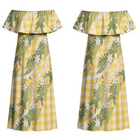 Aloha Puakenikeni Anthurium Pikake Lei Family Matching Off Shoulder Maxi Dress and Hawaiian Shirt Gold Hawaiian Palaka Pattern LT9 Mom's Dress Gold - Polynesian Pride