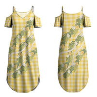 Aloha Puakenikeni Anthurium Pikake Lei Family Matching Summer Maxi Dress and Hawaiian Shirt Gold Hawaiian Palaka Pattern LT9 Mom's Dress Gold - Polynesian Pride
