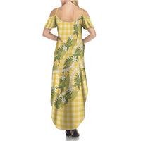 Aloha Puakenikeni Anthurium Pikake Lei Family Matching Summer Maxi Dress and Hawaiian Shirt Gold Hawaiian Palaka Pattern