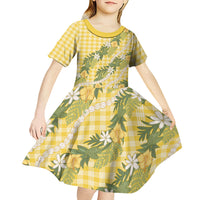 Aloha Puakenikeni Anthurium Pikake Lei Kid Short Sleeve Dress Gold Hawaiian Palaka Pattern LT9 - Polynesian Pride