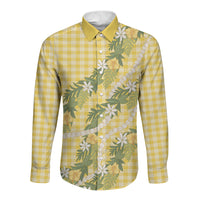 Aloha Puakenikeni Anthurium Pikake Lei Long Sleeve Button Shirt Gold Hawaiian Palaka Pattern LT9 Unisex Gold - Polynesian Pride