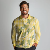 Aloha Puakenikeni Anthurium Pikake Lei Long Sleeve Polo Shirt Gold Hawaiian Palaka Pattern LT9 - Polynesian Pride