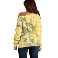 Aloha Puakenikeni Anthurium Pikake Lei Off Shoulder Sweater Gold Hawaiian Palaka Pattern LT9 - Polynesian Pride