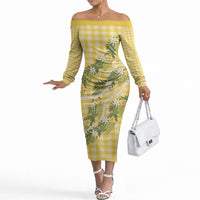 Aloha Puakenikeni Anthurium Pikake Lei Off The Shoulder Long Sleeve Dress Gold Hawaiian Palaka Pattern LT9 Women Gold - Polynesian Pride