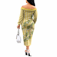 Aloha Puakenikeni Anthurium Pikake Lei Off The Shoulder Long Sleeve Dress Gold Hawaiian Palaka Pattern LT9 - Polynesian Pride