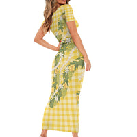 Aloha Puakenikeni Anthurium Pikake Lei Short Sleeve Bodycon Dress Gold Hawaiian Palaka Pattern